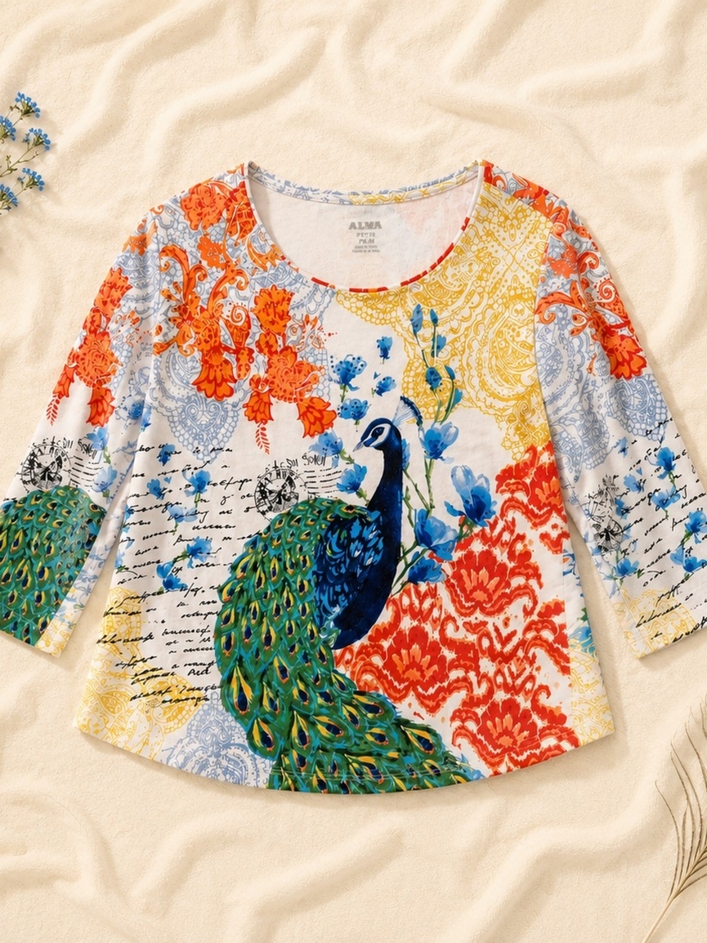 ALIA Peacock Bird Print Top Petite Medium Rhinestone Artsy Boho PM